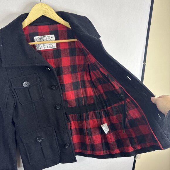 Talula Wool Blend Jacket Women’s M Black Utility Coat Buffalo Plaid Lining - Picture 4 of 8
